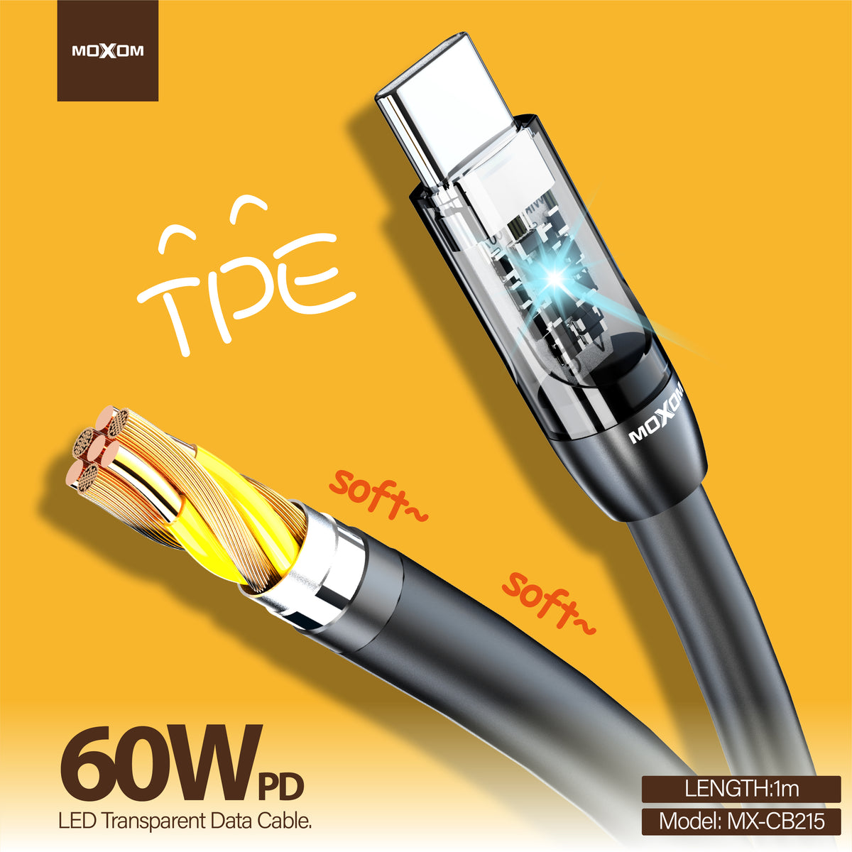 MOXOM MX-CB215 USB-C to USB-C Cable with LED Indicator – 60W PD Fast Charging, Phones, Tablets & Laptops