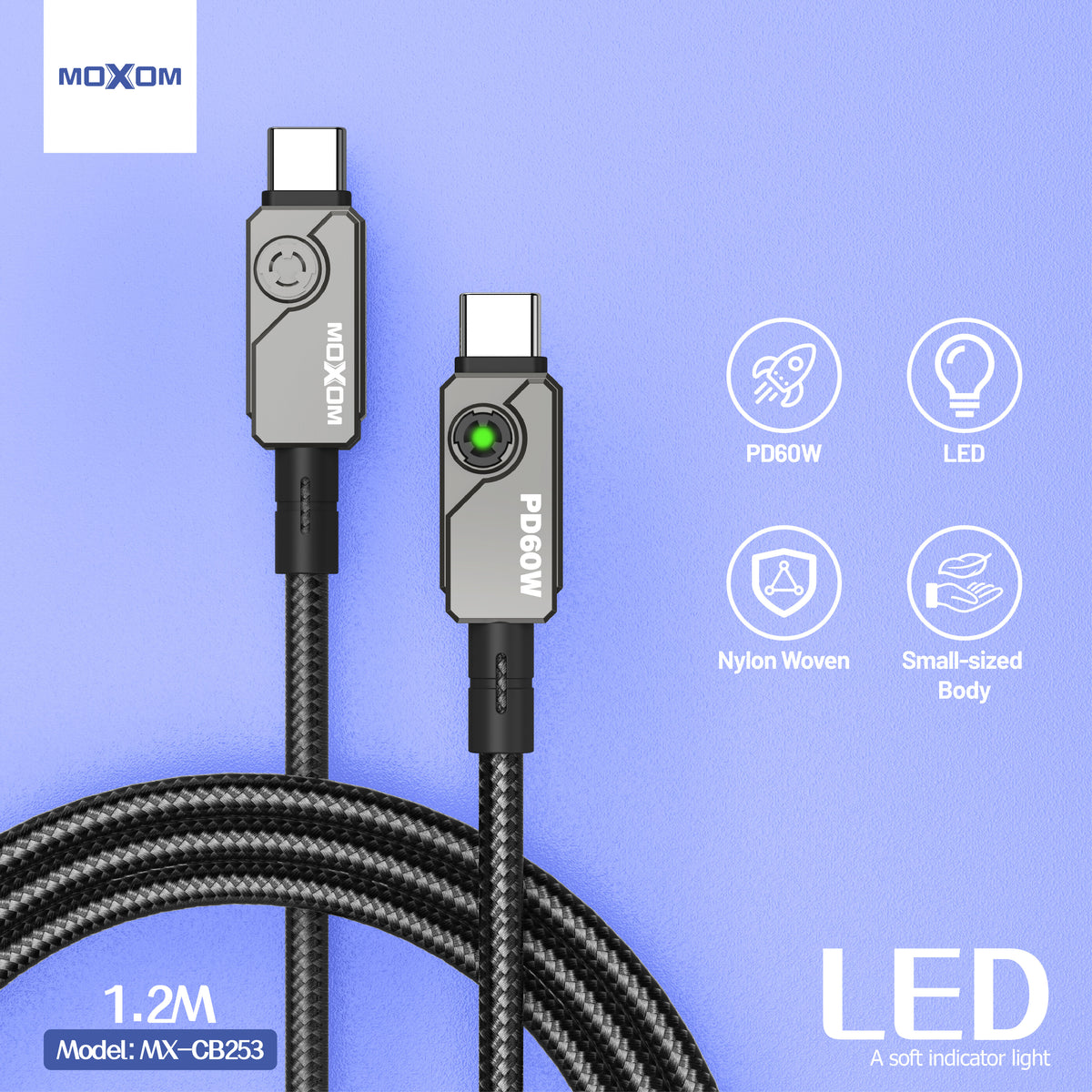 MOXOM MX-CB253 Mech USB-C to USB-C Cable – 60W PD Fast Charging, Reinforced Build, 1.2m