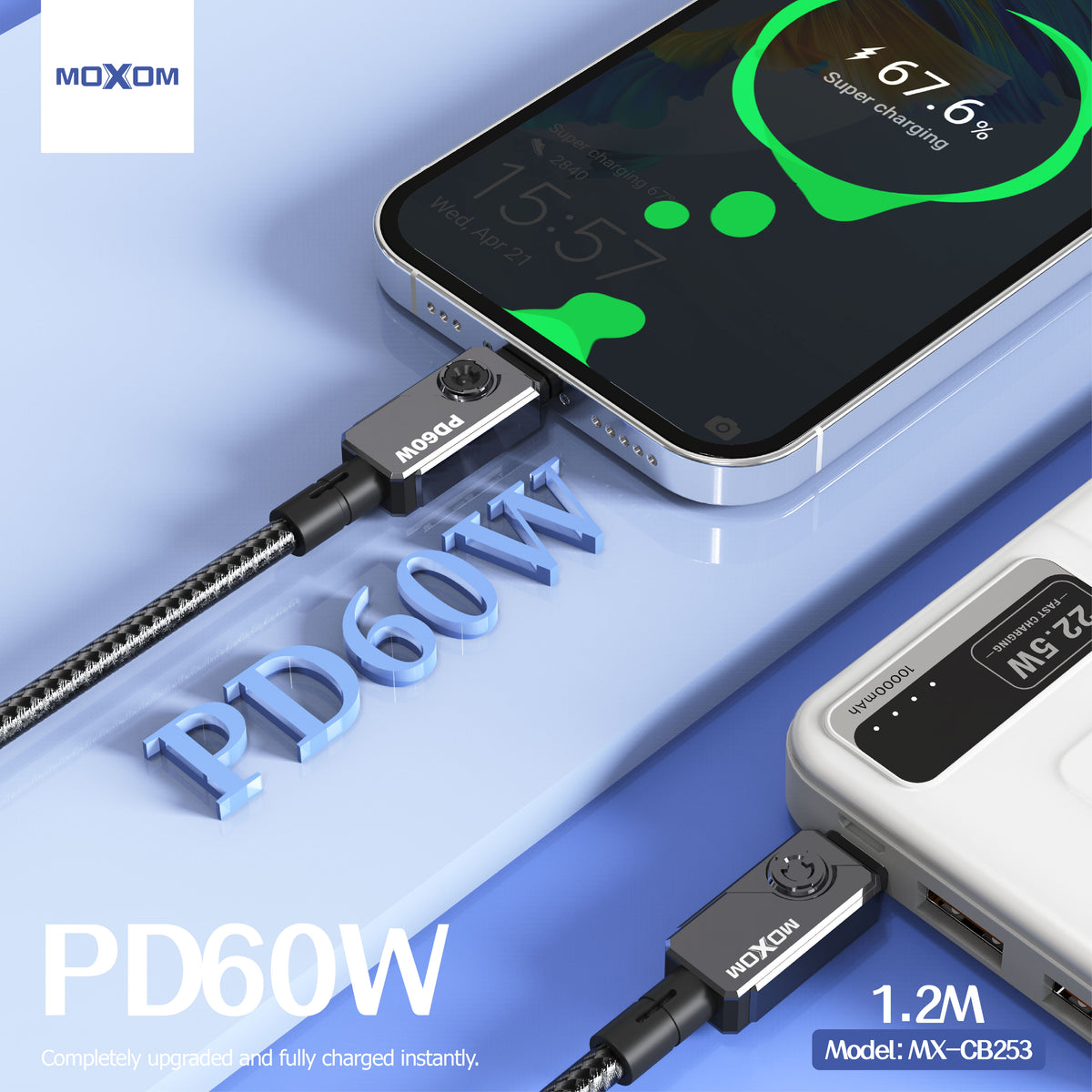 MOXOM MX-CB253 Mech USB-C to USB-C Cable – 60W PD Fast Charging, Reinforced Build, 1.2m