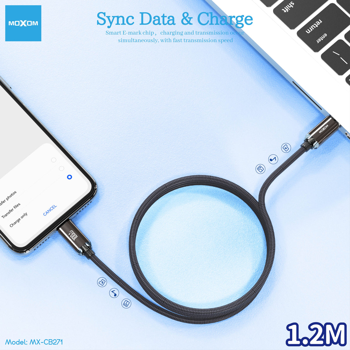 MOXOM MX-CB271 100W USB-C to USB-C PD Cable – Braided, Laptop & Phone Fast Charging, 1.2m