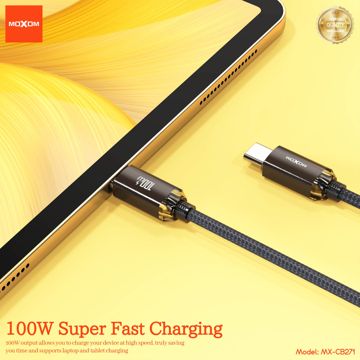 MOXOM MX-CB271 100W USB-C to USB-C PD Cable – Braided, Laptop & Phone Fast Charging, 1.2m