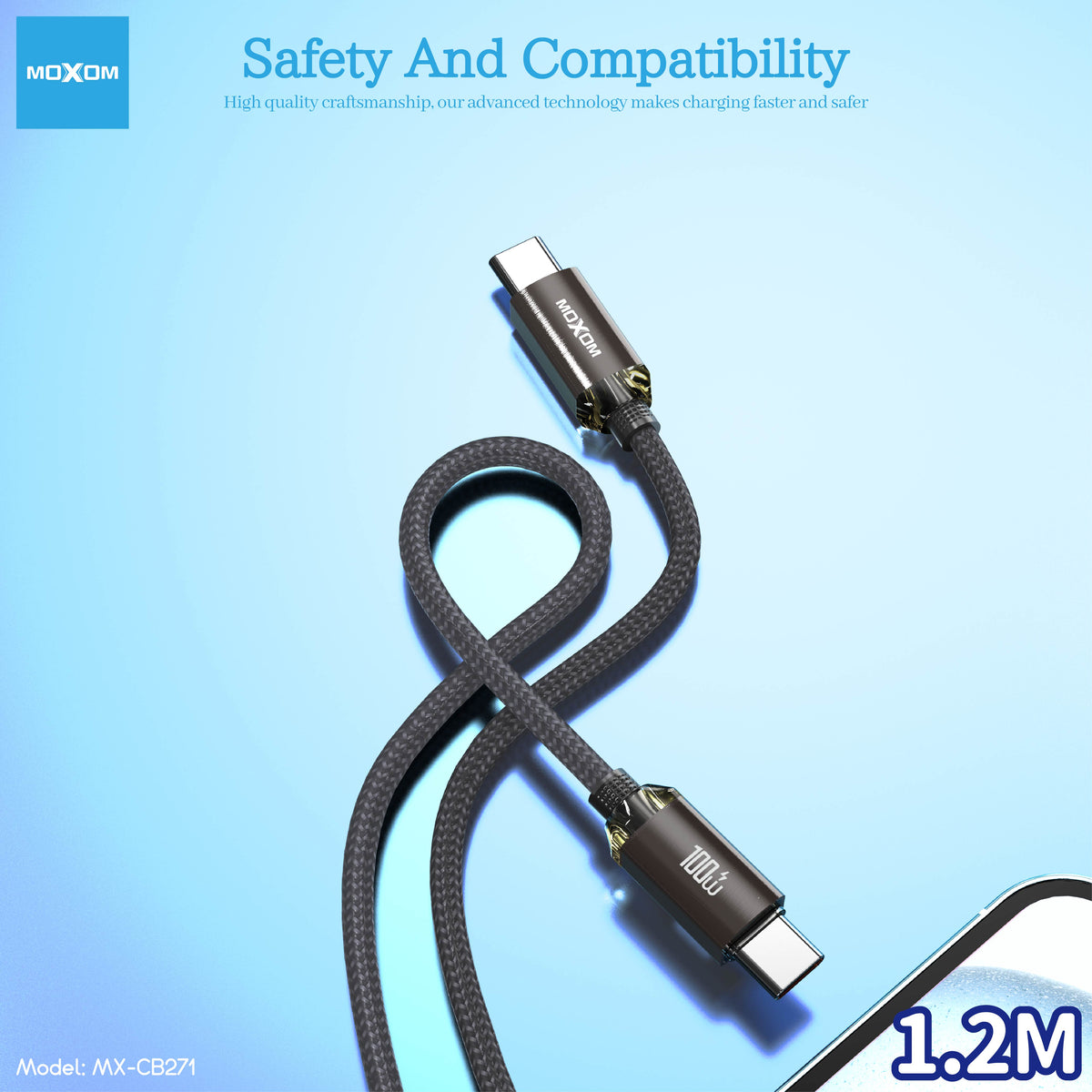 MOXOM MX-CB271 100W USB-C to USB-C PD Cable – Braided, Laptop & Phone Fast Charging, 1.2m