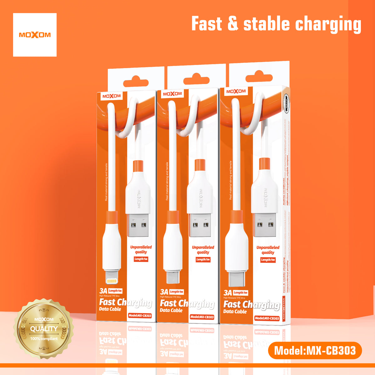MOXOM MX-CB303 Tide 3A Fast Charging Cable – Micro USB / Lightning / Type-C, Soft TPE, 1m