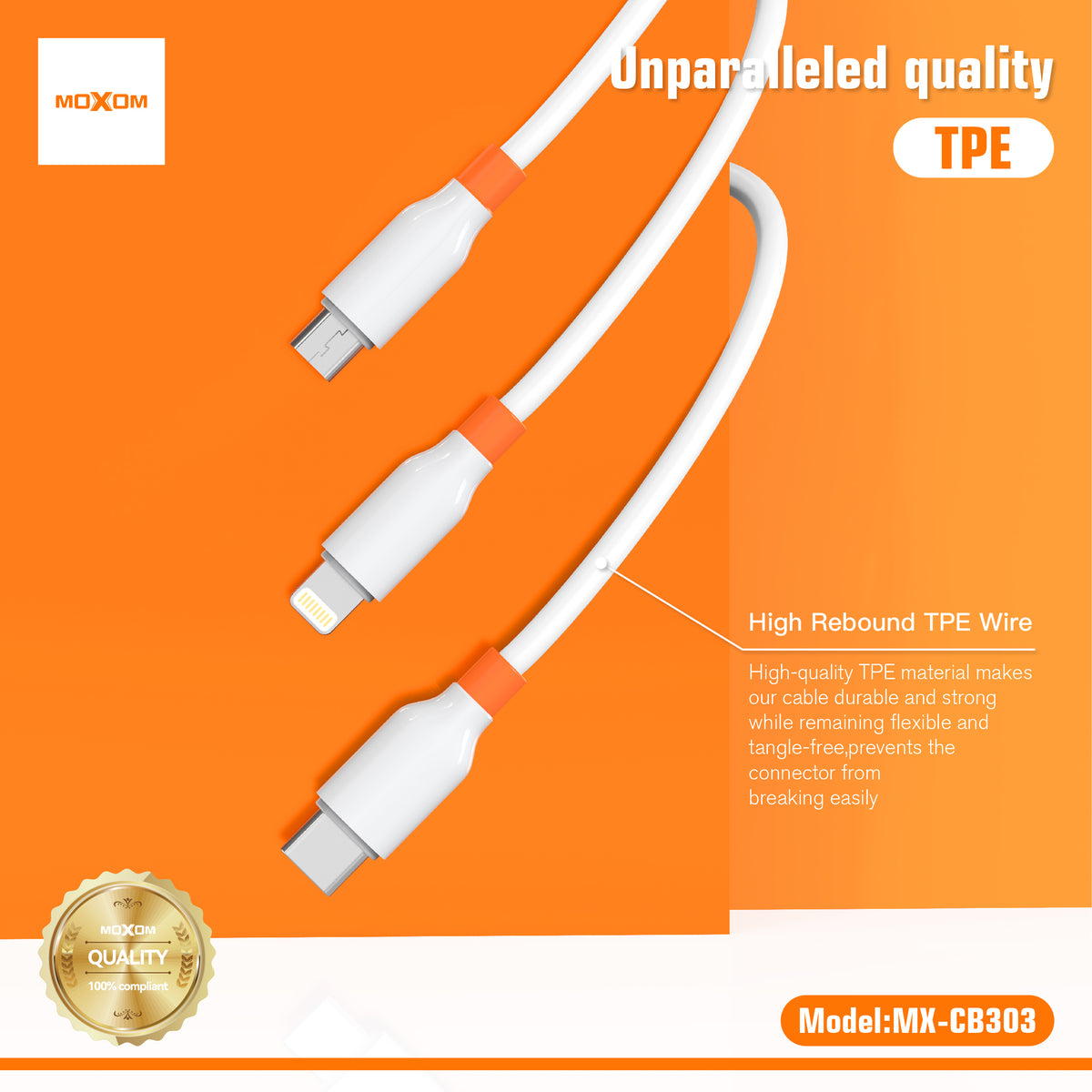 MOXOM MX-CB303 Tide 3A Fast Charging Cable – Micro USB / Lightning / Type-C, Soft TPE, 1m
