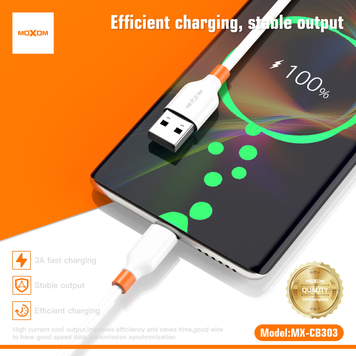 MOXOM MX-CB303 Tide 3A Fast Charging Cable – Micro USB / Lightning / Type-C, Soft TPE, 1m