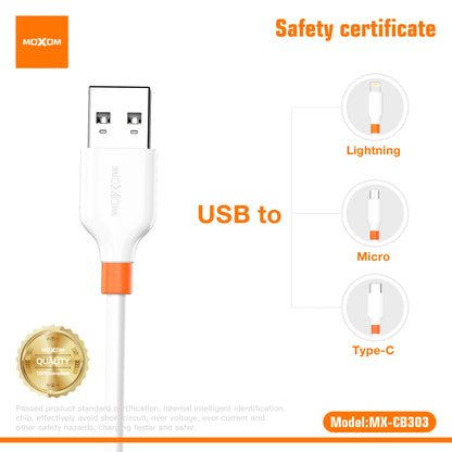 MOXOM MX-CB303 Tide 3A Fast Charging Cable – Micro USB / Lightning / Type-C, Soft TPE, 1m