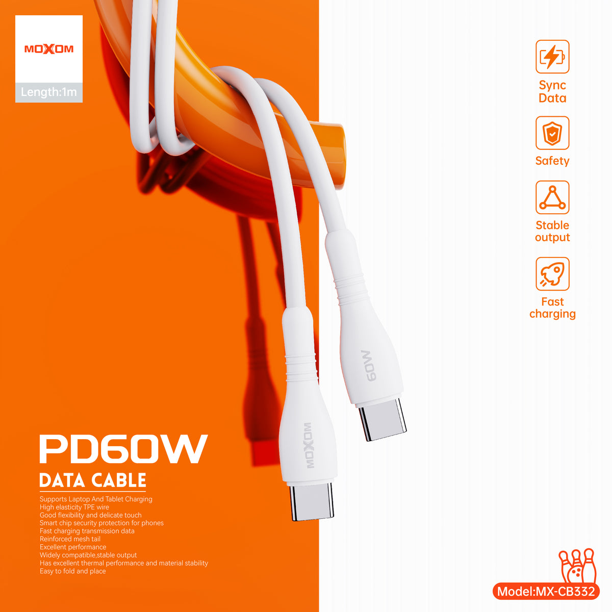 MOXOM MX-CB332 Bowling USB-C to USB-C Cable – PD 60W Fast Charging, Soft-Touch TPE, 1m, White