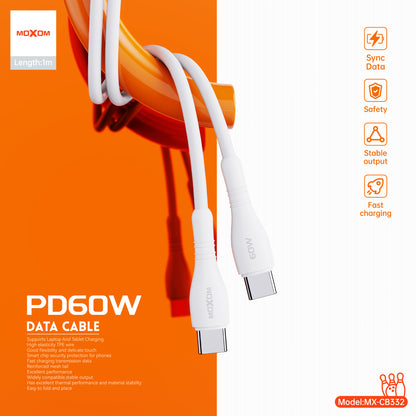 MOXOM MX-CB332 Bowling USB-C to USB-C Cable – PD 60W Fast Charging, Soft-Touch TPE, 1m, White