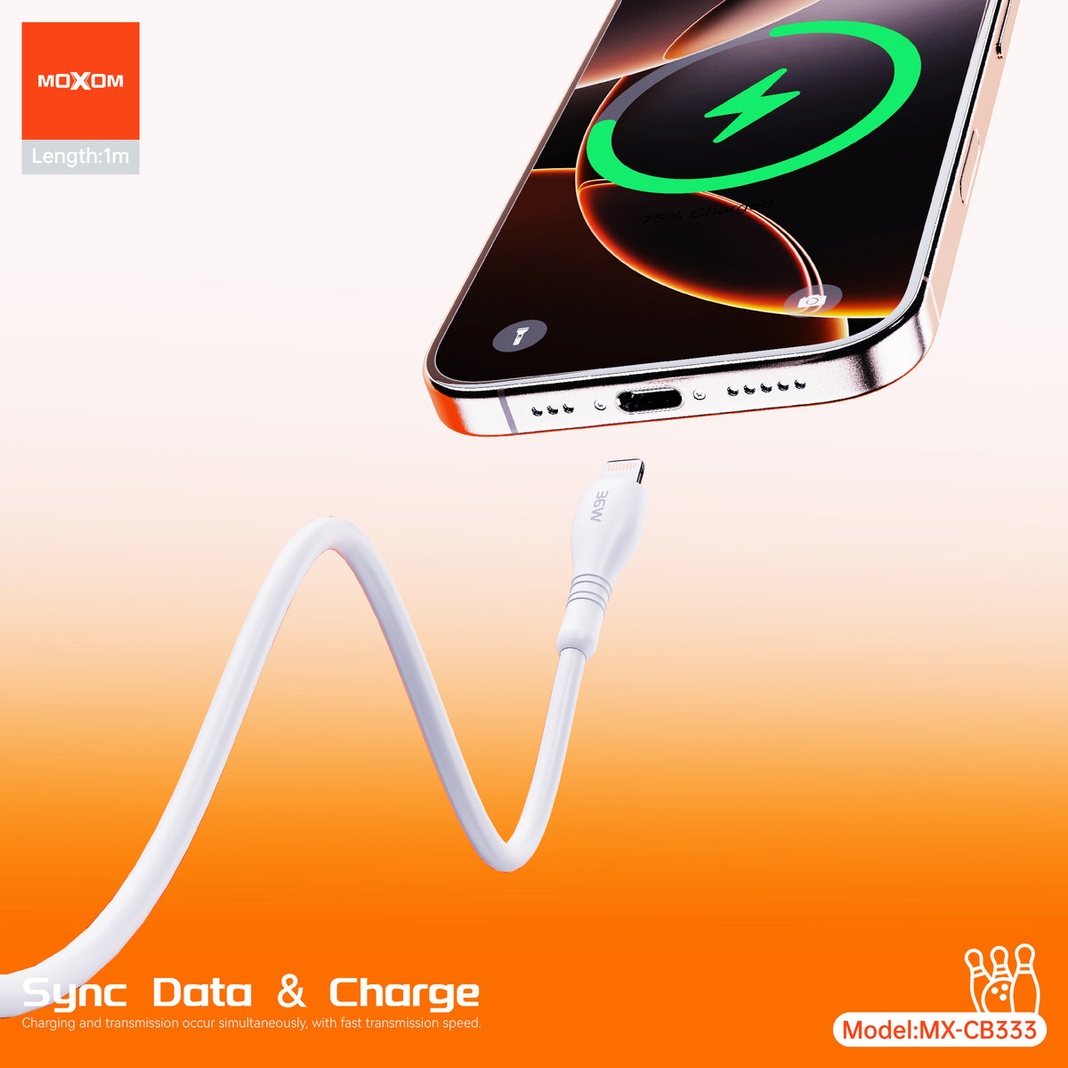 MOXOM MX-CB333 USB-C to Lightning Cable – 36W Fast Charging, 1m, for iPhone & iPad