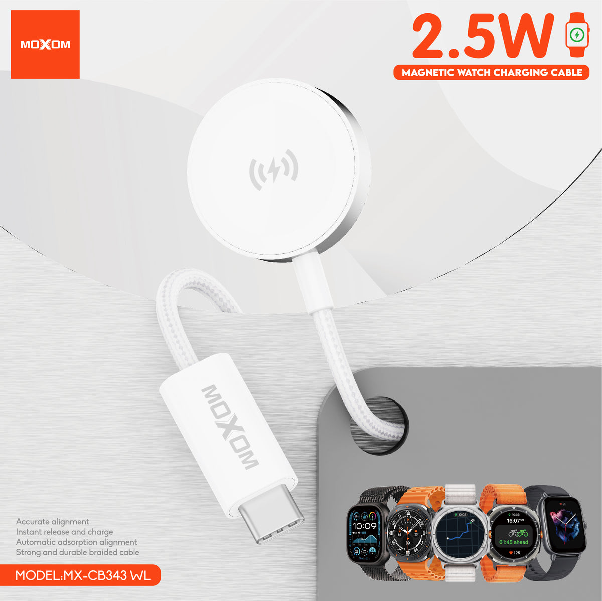 MOXOM MX-CB343WL Magnetic Smartwatch Charging Cable – 2.5W, Woven & Aluminium Alloy, 1m