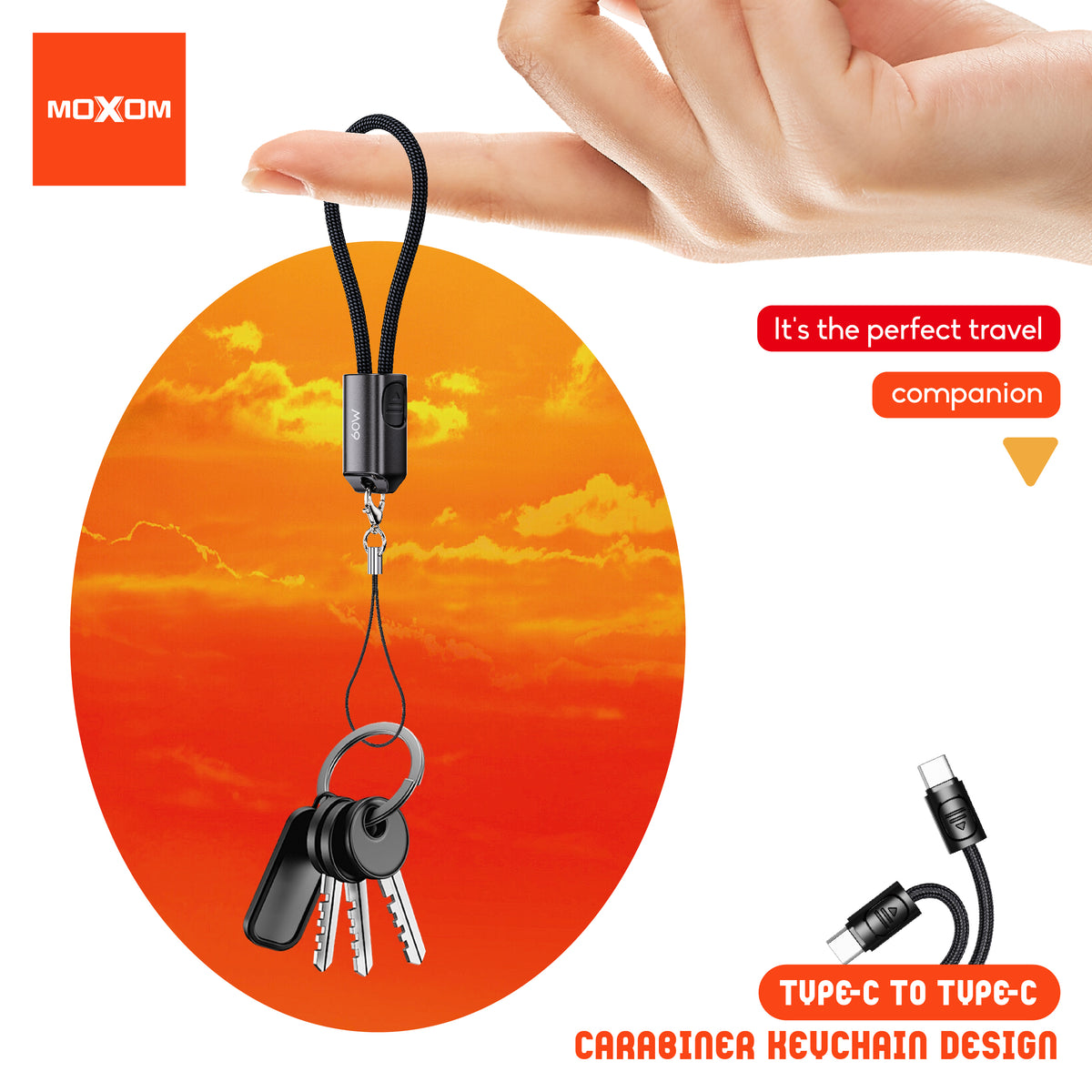 MOXOM MX-CB344 Keychain USB-C to USB-C Cable – 60W Fast Charging, Zinc Alloy & Nylon, 22cm