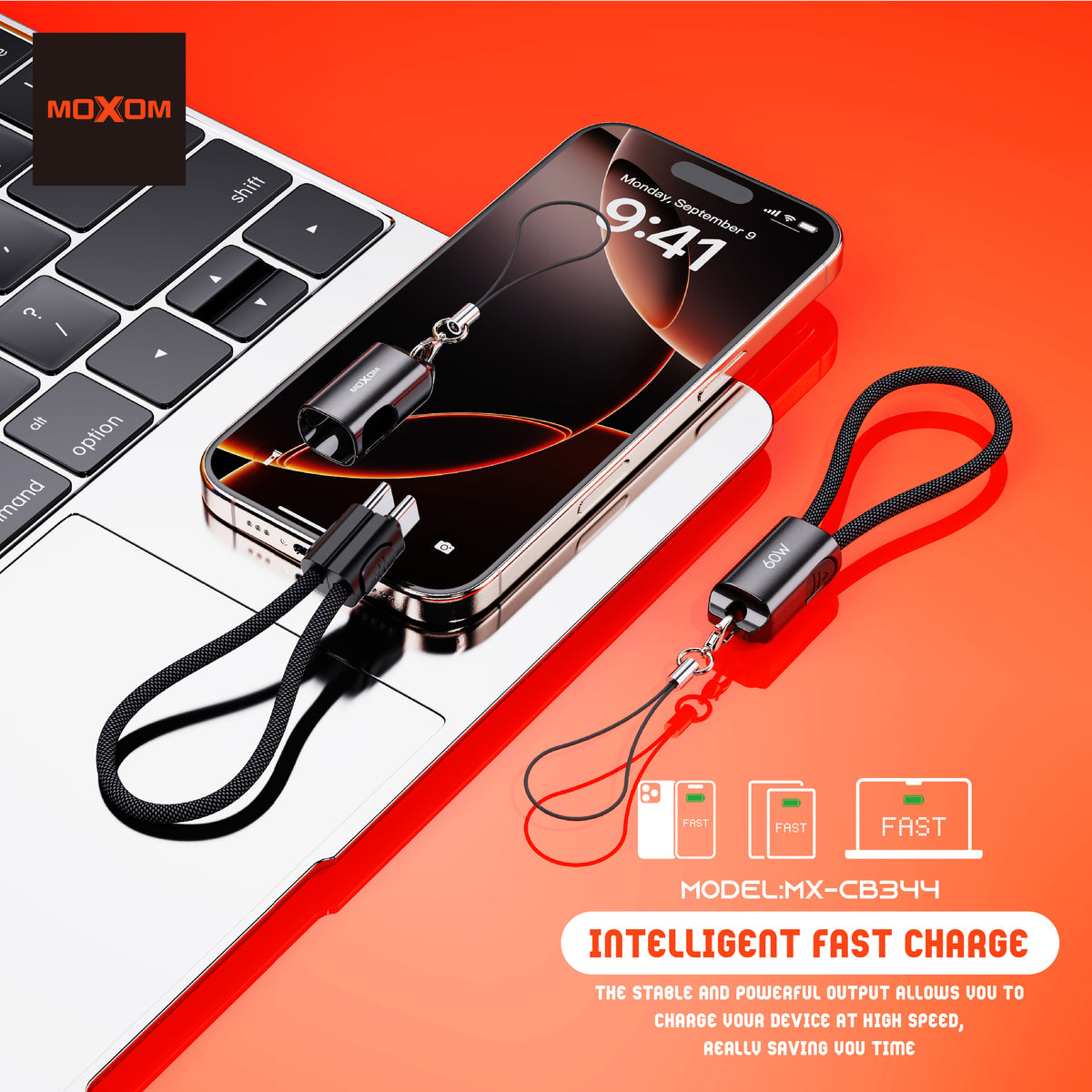 MOXOM MX-CB344 Keychain USB-C to USB-C Cable – 60W Fast Charging, Zinc Alloy & Nylon, 22cm