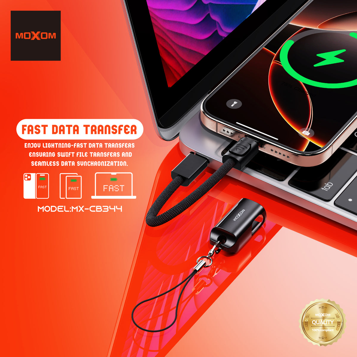 MOXOM MX-CB344 Keychain USB-C to USB-C Cable – 60W Fast Charging, Zinc Alloy & Nylon, 22cm