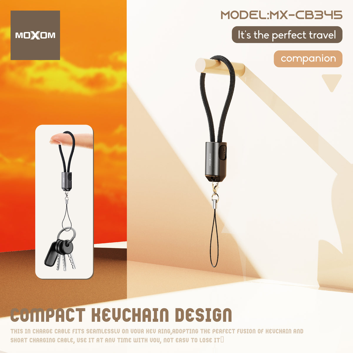 MOXOM MX-CB345 Keychain USB-C to Lightning Cable – 36W Fast Charging, Zinc Alloy & Nylon, 22cm