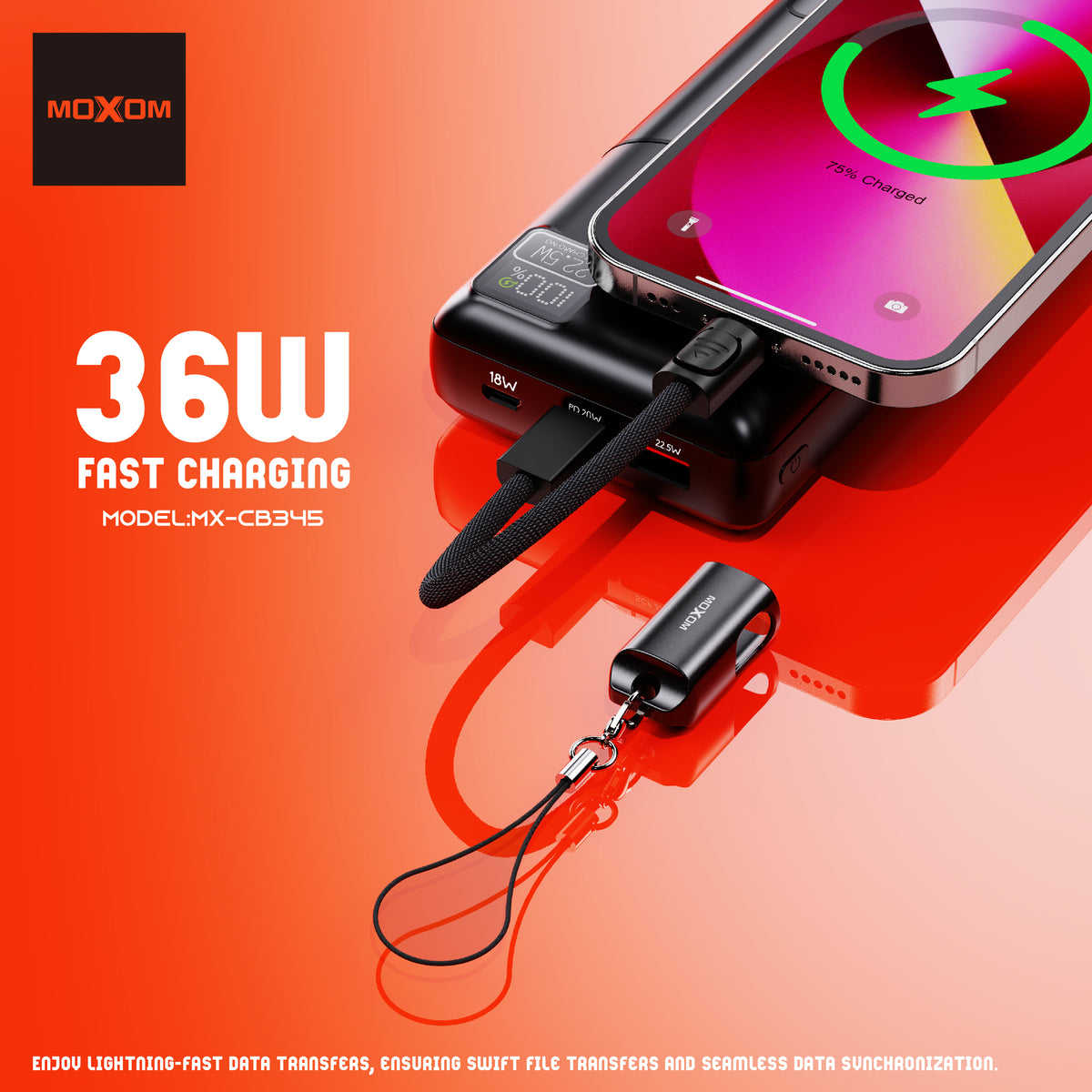 MOXOM MX-CB345 Keychain USB-C to Lightning Cable – 36W Fast Charging, Zinc Alloy & Nylon, 22cm