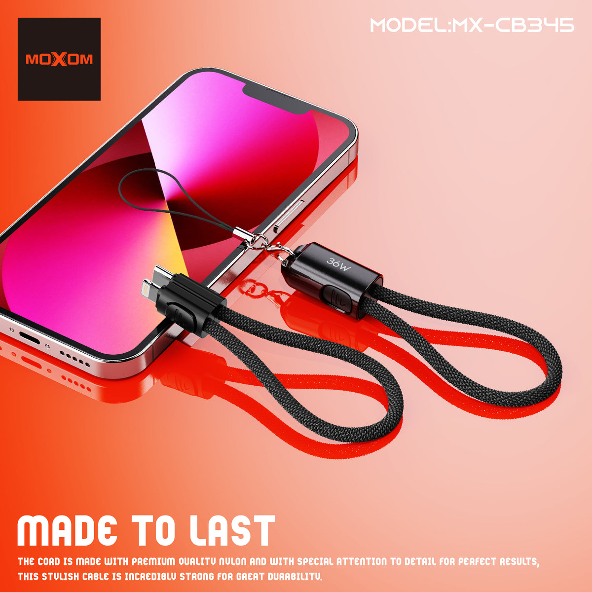 MOXOM MX-CB345 Keychain USB-C to Lightning Cable – 36W Fast Charging, Zinc Alloy & Nylon, 22cm
