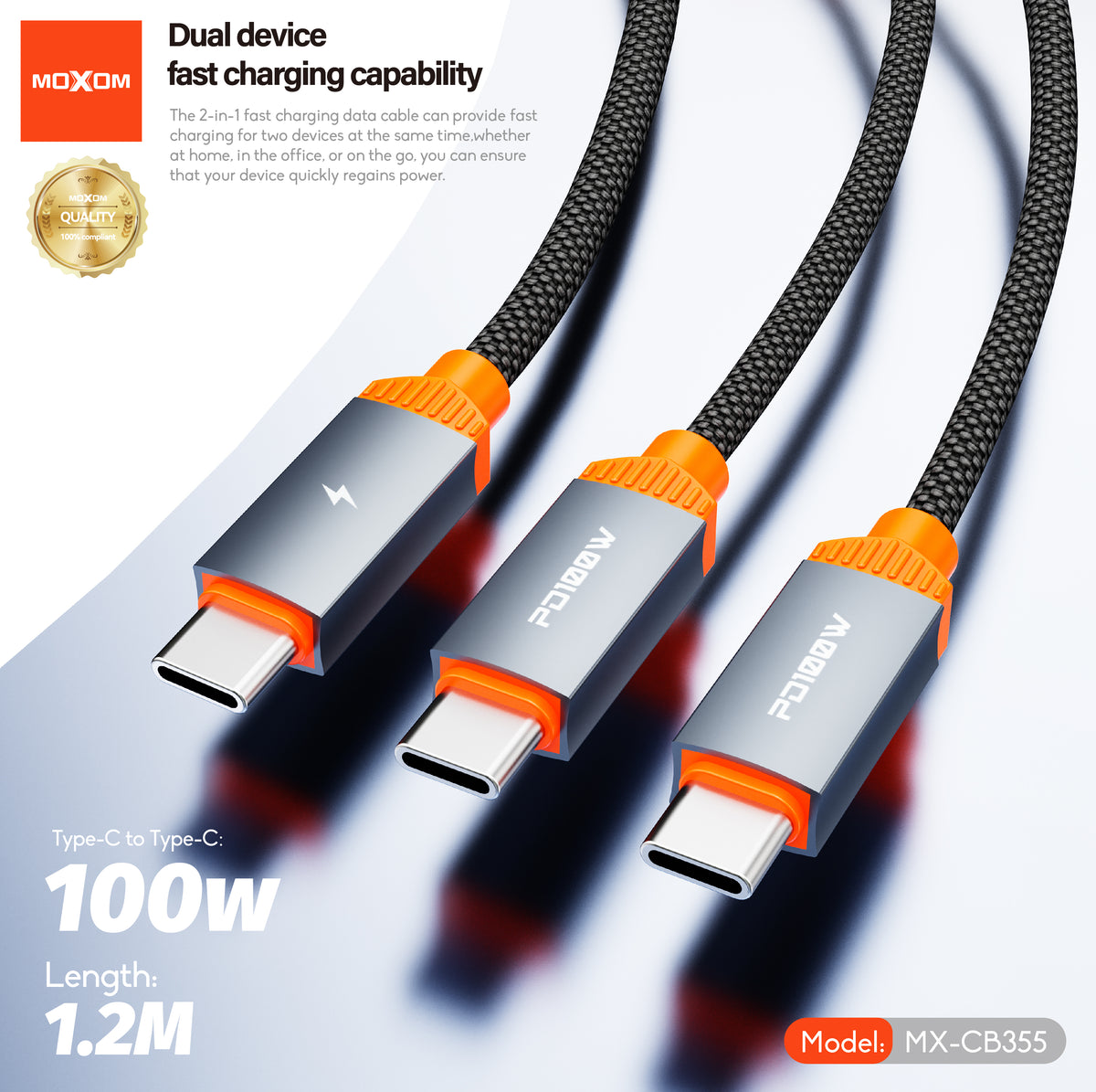 MOXOM MX-CB355 Meteor USB-C to USB-C Cable – PD 100W Fast Charging + Data, 1.2m, Black