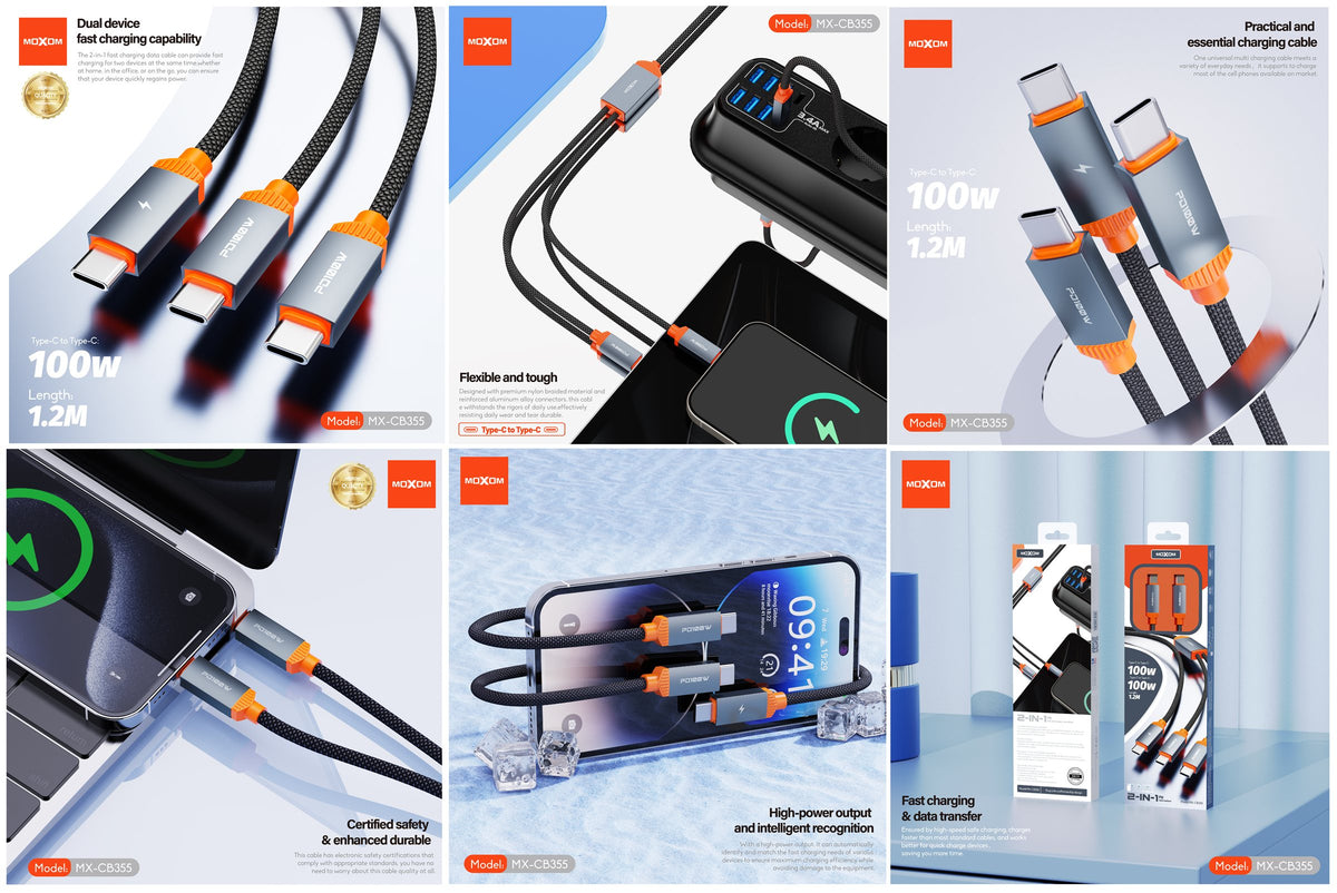 MOXOM MX-CB355 Meteor USB-C to USB-C Cable – PD 100W Fast Charging + Data, 1.2m, Black
