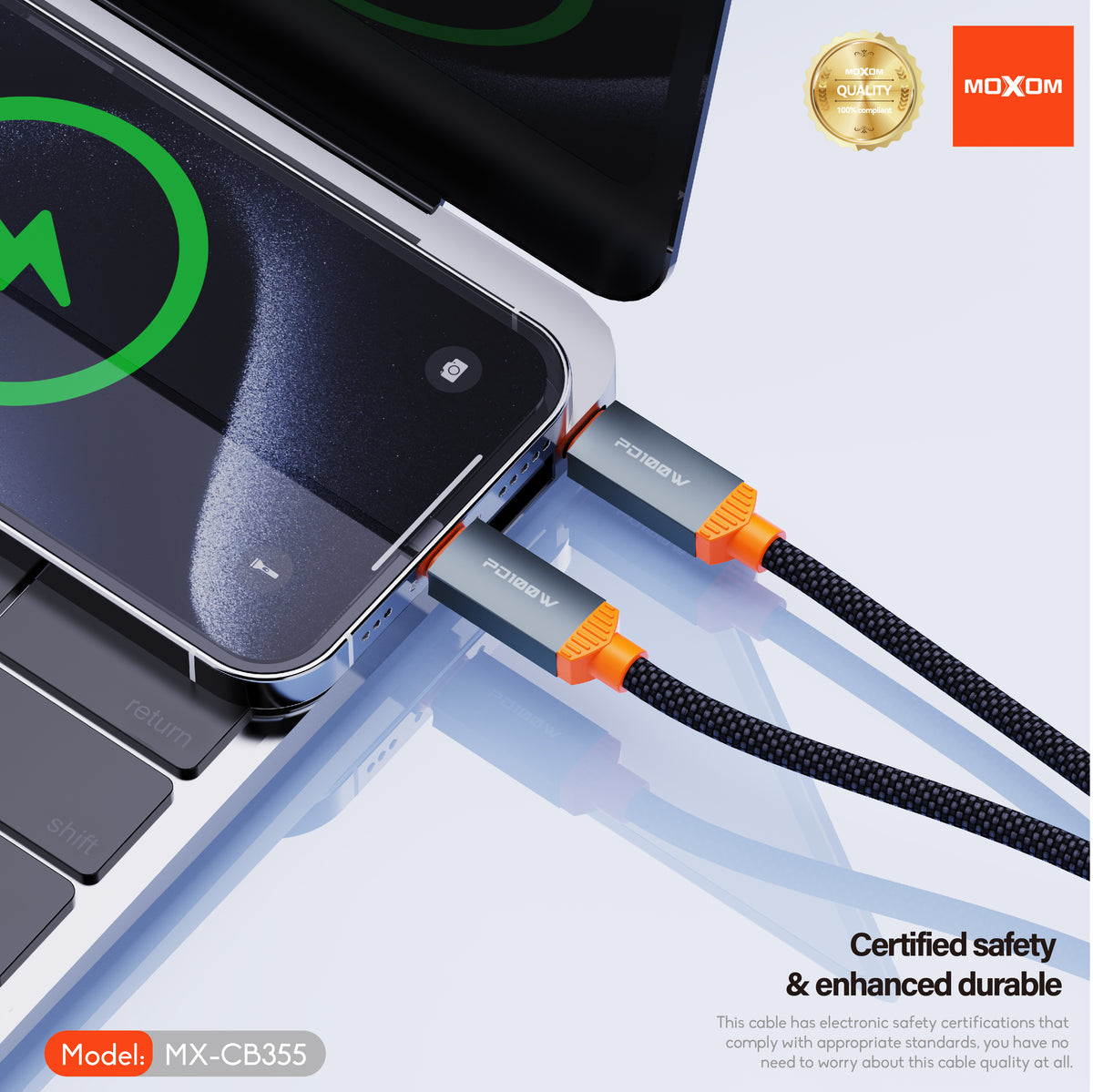 MOXOM MX-CB355 Meteor USB-C to USB-C Cable – PD 100W Fast Charging + Data, 1.2m, Black