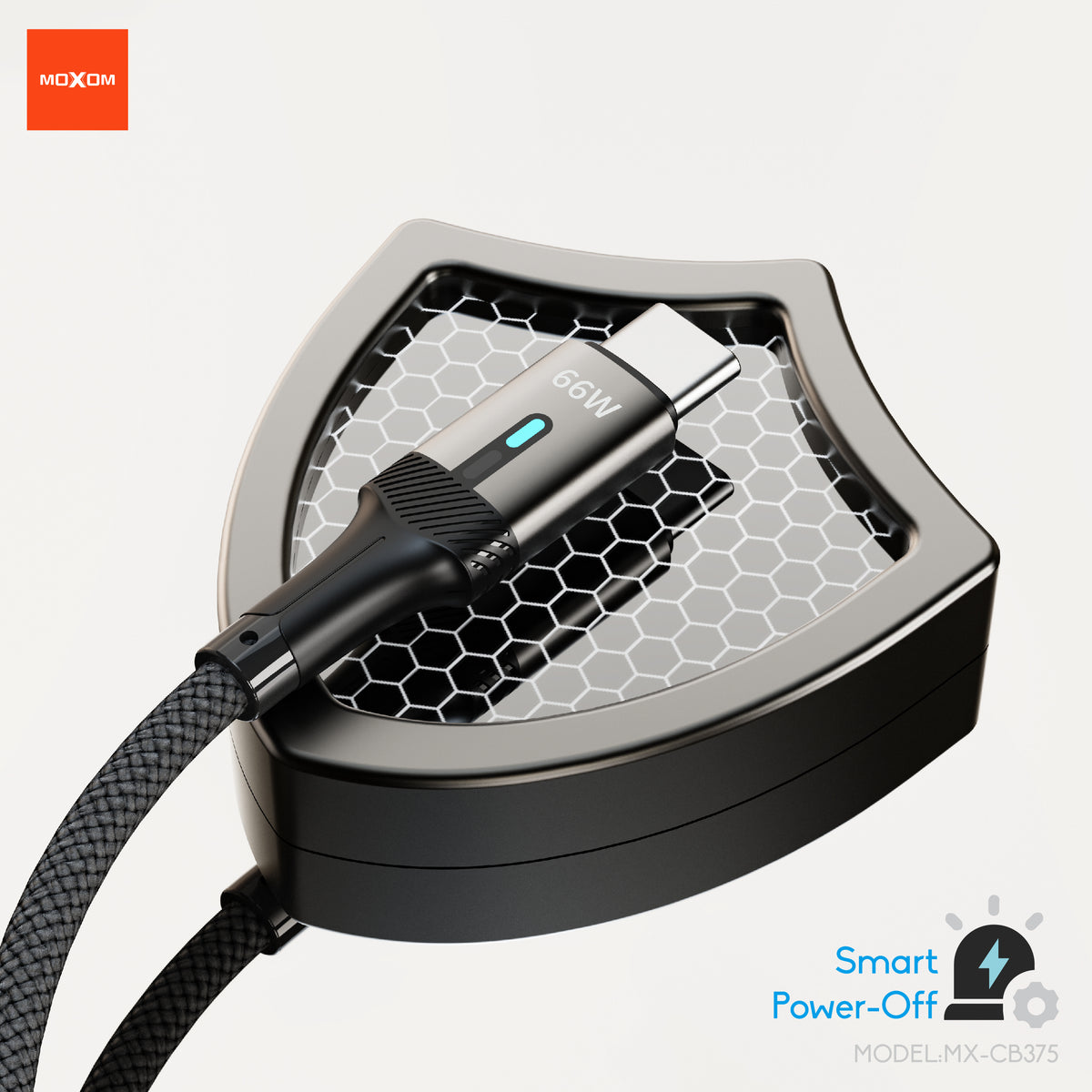 MOXOM MX-CB375 USB-A to Type-C Braided Cable – 66W Fast Charging, Smart Power-Off, Aluminium Shell, 1m