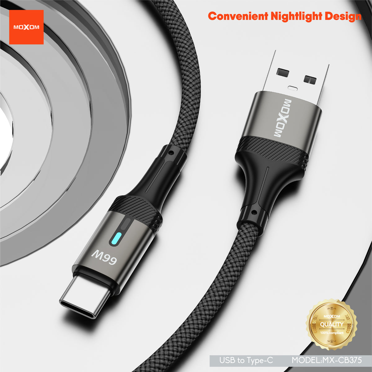 MOXOM MX-CB375 USB-A to Type-C Braided Cable – 66W Fast Charging, Smart Power-Off, Aluminium Shell, 1m