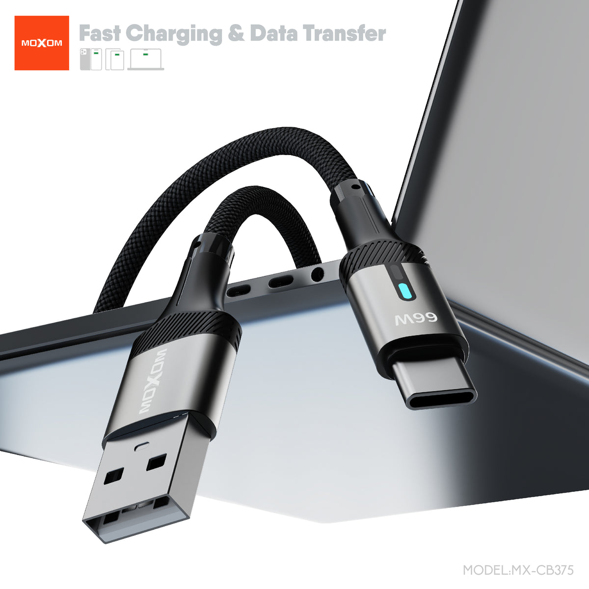 MOXOM MX-CB375 USB-A to Type-C Braided Cable – 66W Fast Charging, Smart Power-Off, Aluminium Shell, 1m