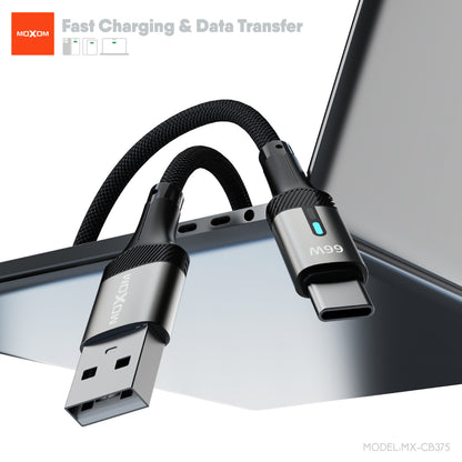 MOXOM MX-CB375 USB-A to Type-C Braided Cable – 66W Fast Charging, Smart Power-Off, Aluminium Shell, 1m