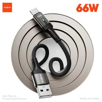 MOXOM MX-CB375 USB-A to Type-C Braided Cable – 66W Fast Charging, Smart Power-Off, Aluminium Shell, 1m