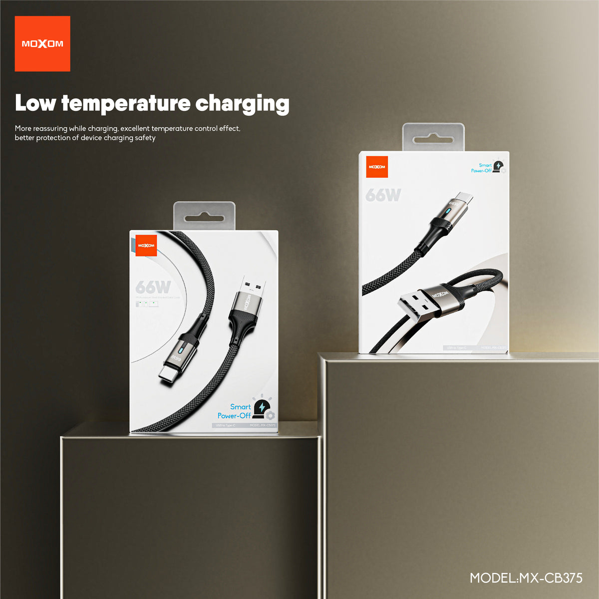 MOXOM MX-CB375 USB-A to Type-C Braided Cable – 66W Fast Charging, Smart Power-Off, Aluminium Shell, 1m
