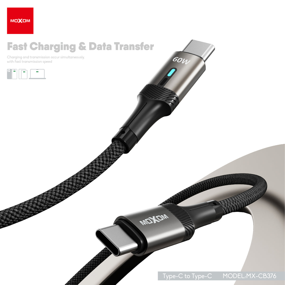 MOXOM MX-CB376 USB-C to USB-C Cable – 60W, Smart Auto Power-Off, Aluminium Shell, 1m