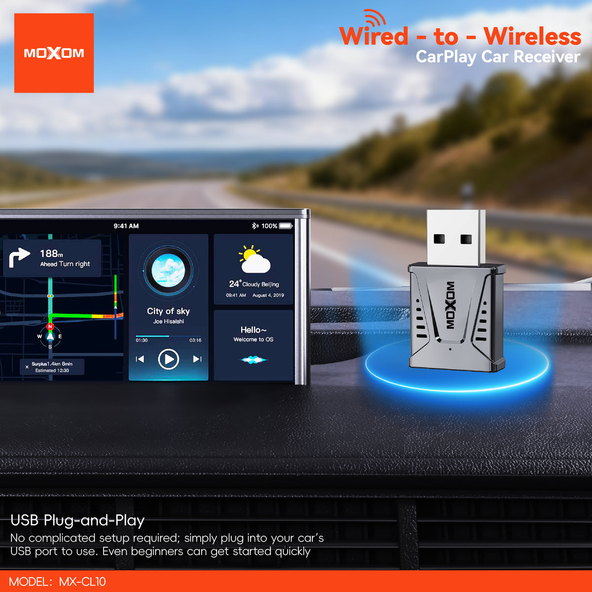 MOXOM MX-CL10 Wireless CarPlay Adapter – Turns Wired CarPlay Wireless, Dual-Band WiFi, Bluetooth 5.2