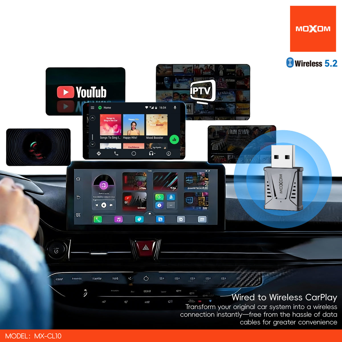 MOXOM MX-CL10 Wireless CarPlay Adapter – Turns Wired CarPlay Wireless, Dual-Band WiFi, Bluetooth 5.2