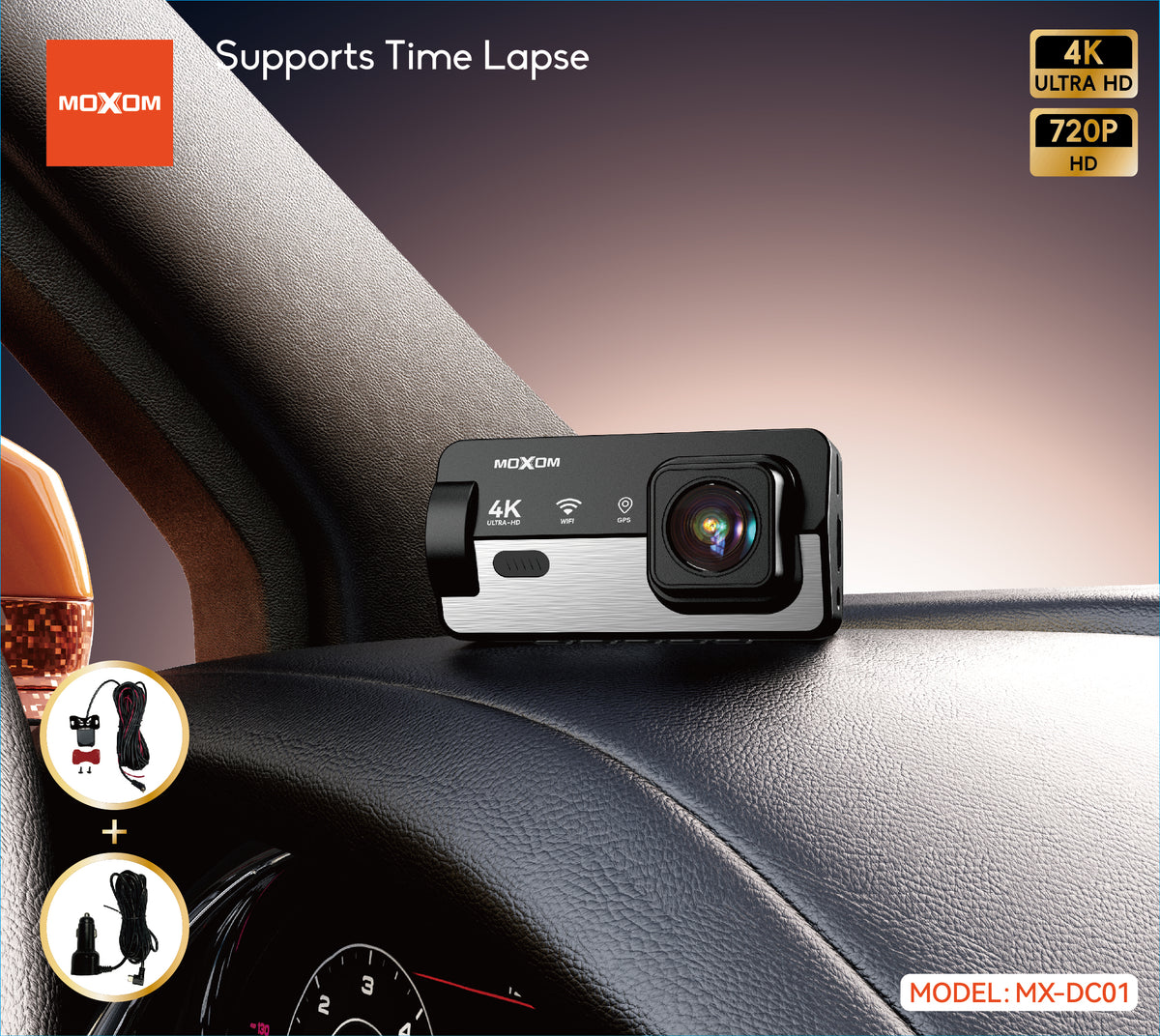 MOXOM MX-DC01 4K WiFi Dash Cam – 3.16" IPS Screen, App Control, GPS Support, 139° Wide Angle