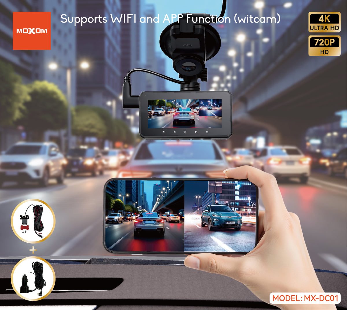 MOXOM MX-DC01 4K WiFi Dash Cam – 3.16" IPS Screen, App Control, GPS Support, 139° Wide Angle
