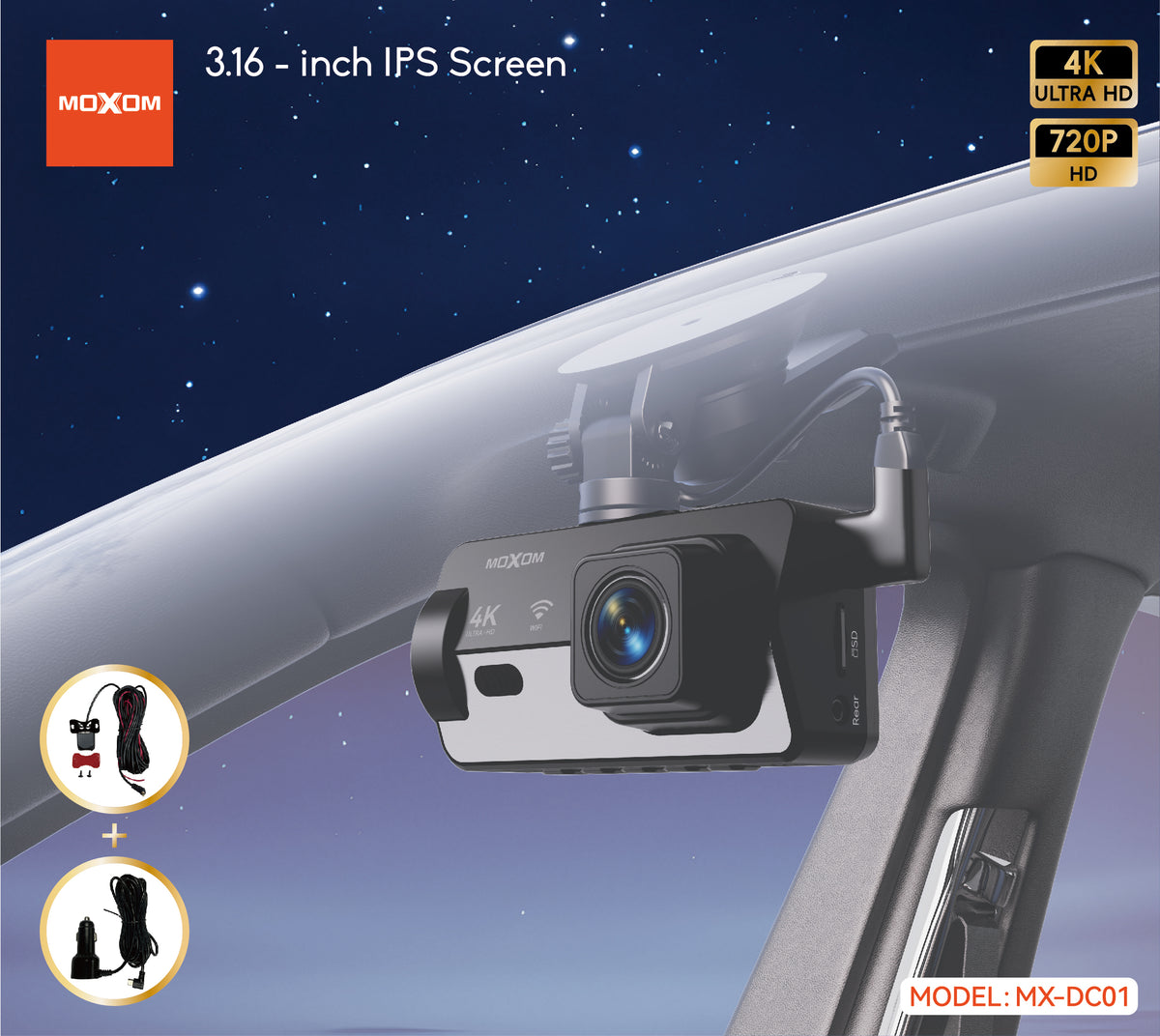 MOXOM MX-DC01 4K WiFi Dash Cam – 3.16" IPS Screen, App Control, GPS Support, 139° Wide Angle