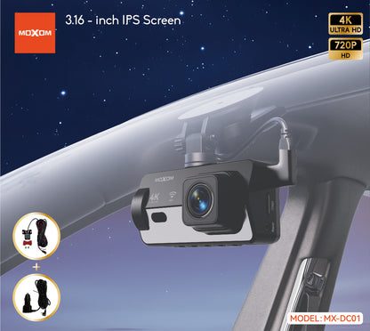 MOXOM MX-DC01 4K WiFi Dash Cam – 3.16" IPS Screen, App Control, GPS Support, 139° Wide Angle