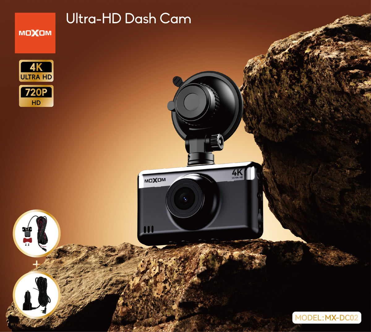 MOXOM MX-DC02 4K Dash Cam with Rear Camera – 3" IPS Screen, G-Sensor, Loop Recording, Super Capacitor