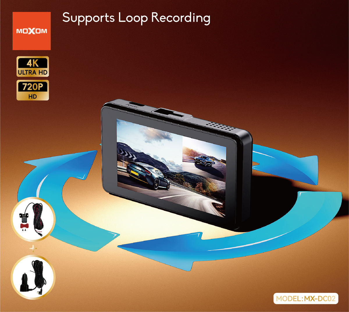 MOXOM MX-DC02 4K Dash Cam with Rear Camera – 3" IPS Screen, G-Sensor, Loop Recording, Super Capacitor
