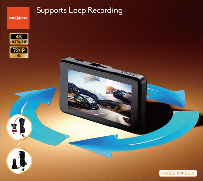 MOXOM MX-DC02 4K Dash Cam with Rear Camera – 3" IPS Screen, G-Sensor, Loop Recording, Super Capacitor