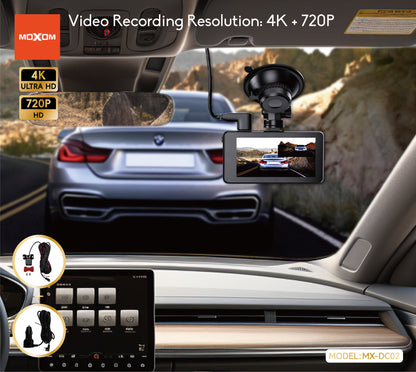 MOXOM MX-DC02 4K Dash Cam with Rear Camera – 3" IPS Screen, G-Sensor, Loop Recording, Super Capacitor