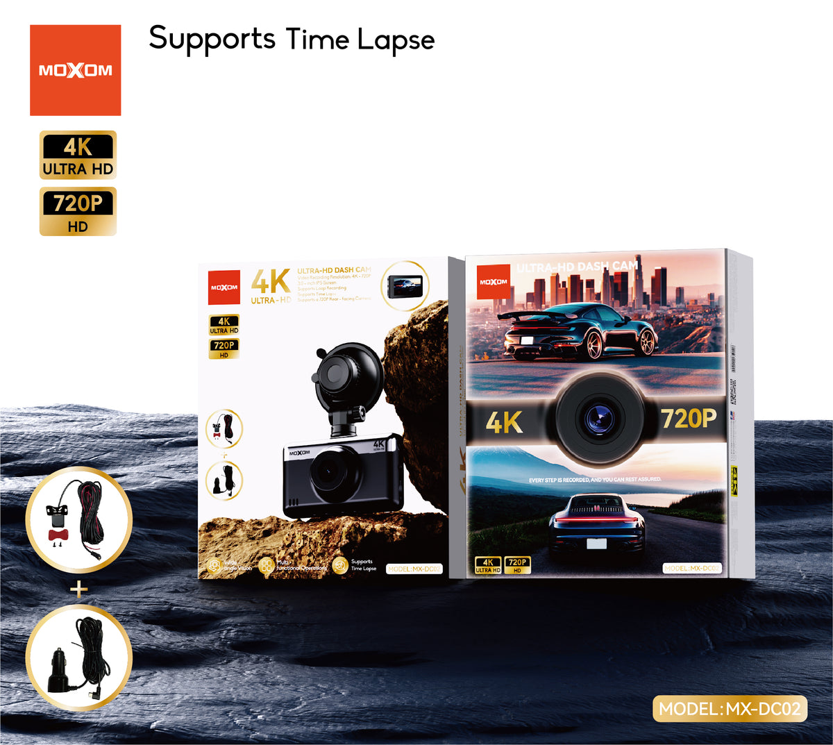MOXOM MX-DC02 4K Dash Cam with Rear Camera – 3" IPS Screen, G-Sensor, Loop Recording, Super Capacitor