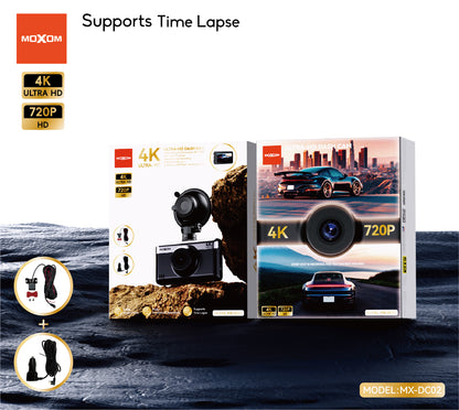 MOXOM MX-DC02 4K Dash Cam with Rear Camera – 3" IPS Screen, G-Sensor, Loop Recording, Super Capacitor