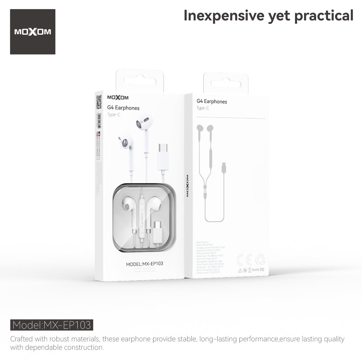 MOXOM MX-EP103 G4 USB-C Wired Earphones with Mic – 14mm Driver, Clear Calls, Plug & Play