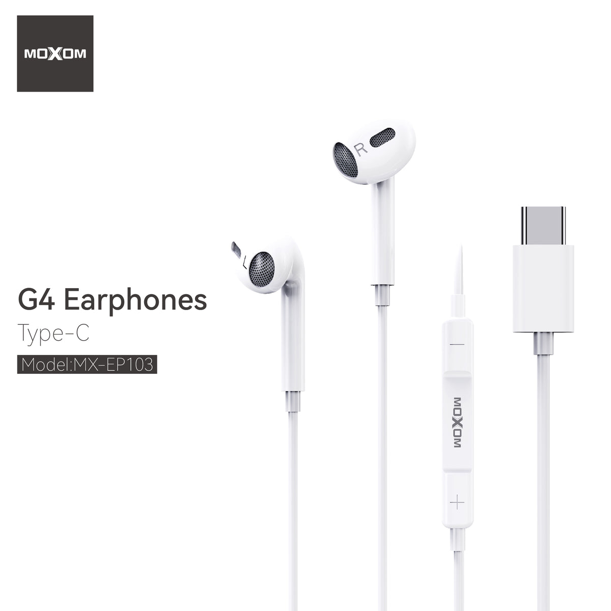 MOXOM MX-EP103 G4 USB-C Wired Earphones with Mic – 14mm Driver, Clear Calls, Plug & Play