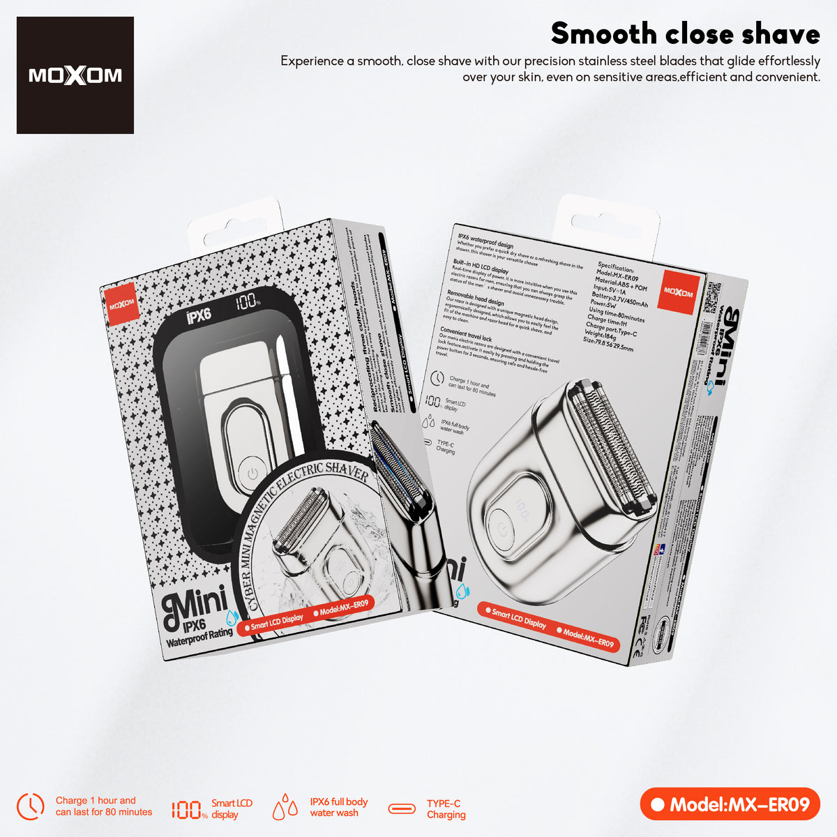 MOXOM MX-ER09 Cyber Mini Magnetic Electric Shaver – 80 Min Cordless, 1H Type-C Charge, Travel Size