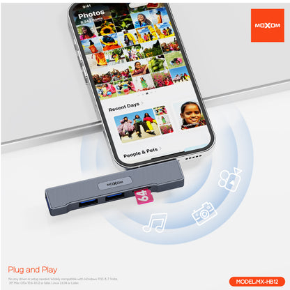 MOXOM MX-HB12 4-in-1 USB-C Hub – USB 3.0 5Gbps + 2× USB 2.0 + SD Card Reader for MacBook & Laptop
