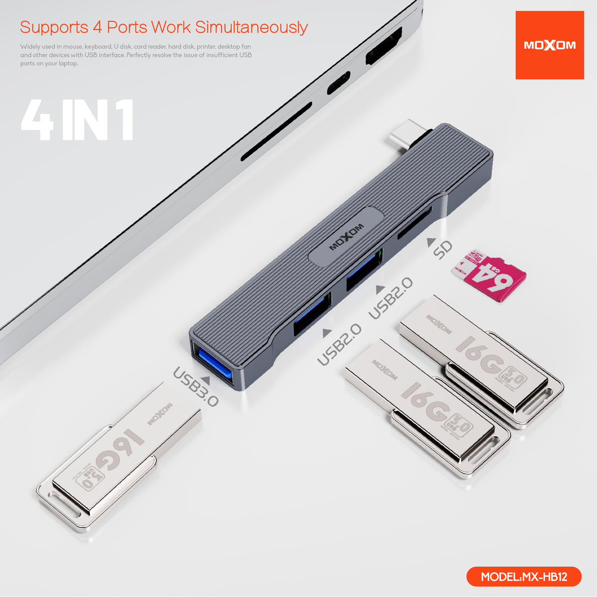 MOXOM MX-HB12 4-in-1 USB-C Hub – USB 3.0 5Gbps + 2× USB 2.0 + SD Card Reader for MacBook & Laptop