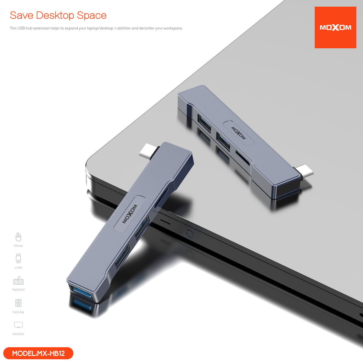 MOXOM MX-HB12 4-in-1 USB-C Hub – USB 3.0 5Gbps + 2× USB 2.0 + SD Card Reader for MacBook & Laptop