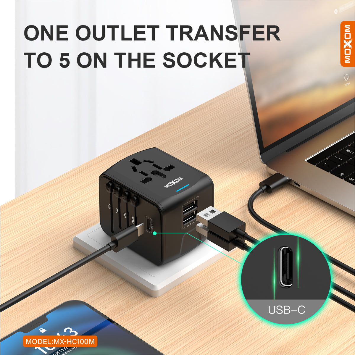 MOXOM MX-HC100M Multi-Nation Travel Adapter – 150+ Countries, Dual USB Charging, Built-In Fuse