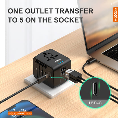 MOXOM MX-HC100M Multi-Nation Travel Adapter – 150+ Countries, Dual USB Charging, Built-In Fuse